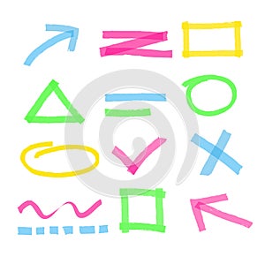 Vector illustration of highlighter marker design elements. Colorful and bright set of highlighter marks, stripes