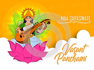 Vector Illustration of hindu`s wisdom goddess Maa Saraswati with hindi vasant panchami text on yellow background with festive elem