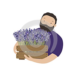 Vector illustration Hipster funny man holding holding flowers. International Woman Day March 8, Happy Valentine s Day