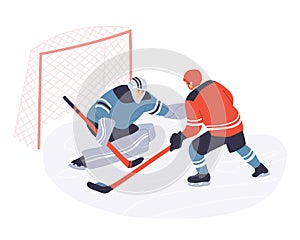 Vector illustration of hockey players. Goalkeeper stops the puck