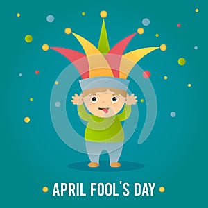 Vector illustration for holiday fool day. The boy in the cap of the jester with his tongue out. Day of jokes, laughter