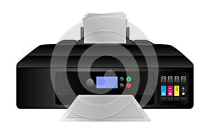 Vector illustration of home digital inkjet printer with cmyk ink cartridges