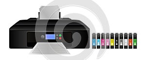 Vector illustration of home digital inkjet printer with wide variety of inks