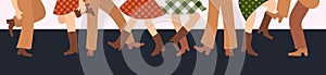 Vector illustration horizontal banner with male and female legs in cowboy boots dancing country western on a dark background in photo
