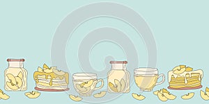 Vector illustration of a horizontal banner for websites and a landing page with homemade cakes and desserts. Apple pie, jam.