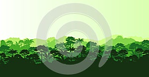 Vector illustration of horizontal panorama tropical rainforest in silhouette style with trees and mountains, jungle photo