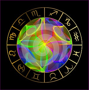 Vector illustration with Horoscope circle, Zodiac symbols and abstract elements. Gold elements