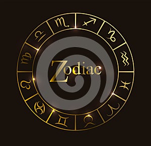 Vector illustration with Horoscope circle, Zodiac symbols and abstract elements. Gold elements