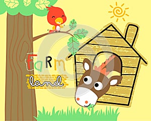 Vector illustration of horse cartoon in stable, cute bird on tree