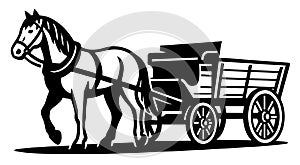Vector illustration of a horse pulling a cart in a rural setting