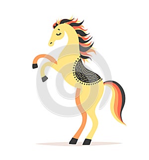 Vector illustration of horse reared. Circus artist doing trick. Cute cartoon character