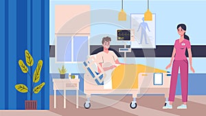 Vector illustration hospital room. Doctor and nurse checkinf patients.