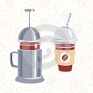 Vector illustration of a hot beverage maker French press and a take away glass of fresh coffee.