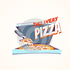 Vector illustration of hot pizza in box with text