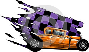 vector illustration of hot rod car with race flag