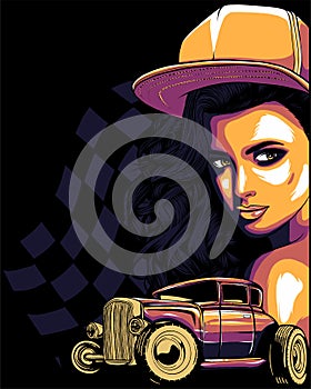 vector illustration of Hot rod with girl on black background