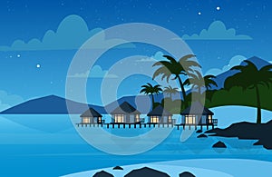 Vector illustration of hotel on the tropical beach in night time. Villa on beautiful sea shore. Vacation concept in flat