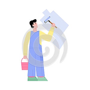 Vector illustration of house painter, handyman or workman painting a wall
