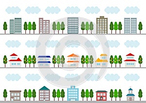 Vector illustration of houses and buildings lined up in a row. White background.