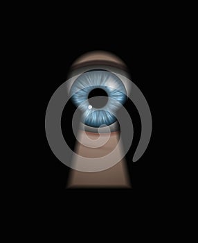 Vector illustration of human blue eye peeking through the dark keyhole spying on someone