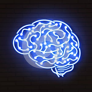 Vector illustration of human brain. Neon sign on blue background.