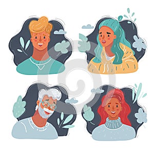 Vector illustration of human faces, man and woman on dark backroud.