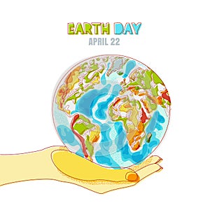 Vector illustration of human hand holding green Earth planet. Save Earth day, environmental, ecology concept.