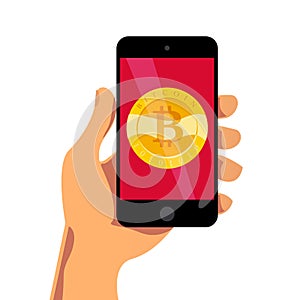 Vector illustration with human hand holding smartphone having golden coin with bitcoin emblem on its screen on white back