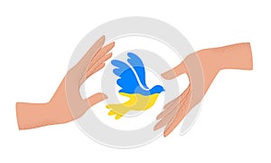 Vector illustration of human hands holding Blue and Yellow flying bird dove as a symbol of peace. Stop War concept isolated