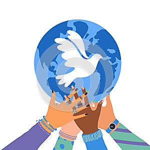 Vector illustration of human hands holding Earth globe with flying bird dove as a symbol of peace isolated on white background.