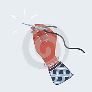 Vector illustration of human hands holding threet with needle isolated on white