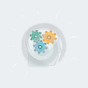 Vector illustration of Human head profile with gears inside on white background.