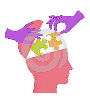 Vector illustration of human head silhouette with hands putting puzzle pieces in open head isolated on white