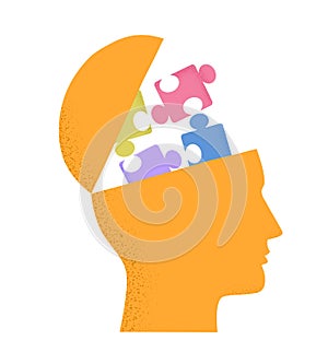 Vector illustration of human head silhouette with puzzle pieces isolated on white. Concept of mental health, thinking process,