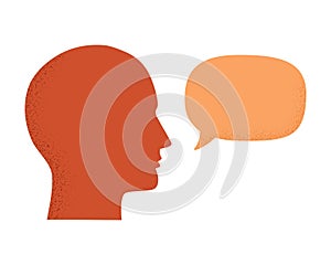 Vector illustration of human head silhouette talking through speech bubble. Concept of communication, dialogue, chat, conversation