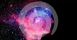 Vector illustration of human head on starry space background. Artificial intelligence or cosmic consciousness concept