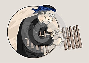 vector illustration of human mascot in traditional sundanese clothes and musical instrument