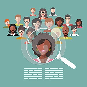 Vector illustration of human resources management, staff research, head hunter job with magnifying glass in flat style.