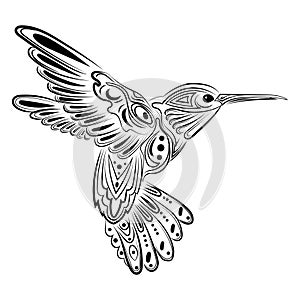 Vector illustration of a hummingbird. Stylized flying bird. Drawing with ornaments. Linear Art. Black and white drawing