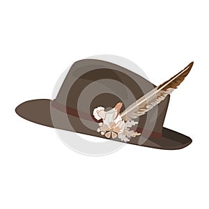 Vector illustration of hunting hat with feather and metal badge, flat design