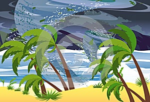 Vector Illustration of hurricane in ocean. Huge waves on the beach. Tropical natural disaster Concept in flat style.