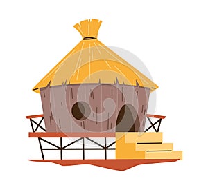 Vector illustration of a hut with a thatched roof on stilts.