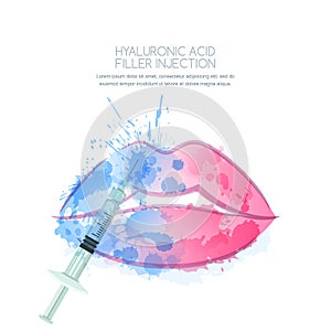 Vector illustration of hyaluronic acid filler injections. Watercolor female lips and syringe in water splashes.