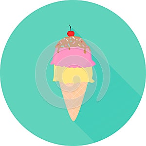 Vector illustration of ice cream in circle icon with long shadow. Ice cream cone flat style. Hand drawn art ice cream design for p