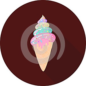 Vector illustration of ice cream in circle icon with long shadow. Ice cream cone flat style. Hand drawn art ice cream design for p