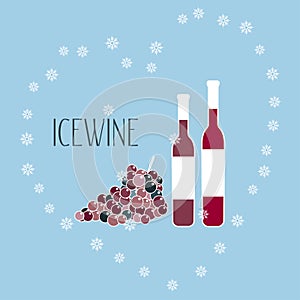 Vector illustration of Ice wine. Cartoon grapes and glass, falling snowflakes. Doodle template of red wine. Wine taste invitation