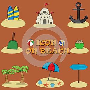 Vector Illustration of Icon On Beach, Summer Time Theme