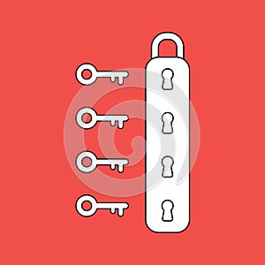 Vector illustration icon concept of padlock with four keyholes and keys