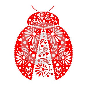 Vector illustration. Icon of decorative ornamental red ladybug, isolated over white background