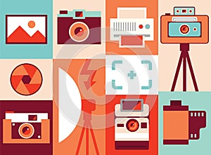 Vector illustration icon set of camera, lens, equipment, photography, printer, film